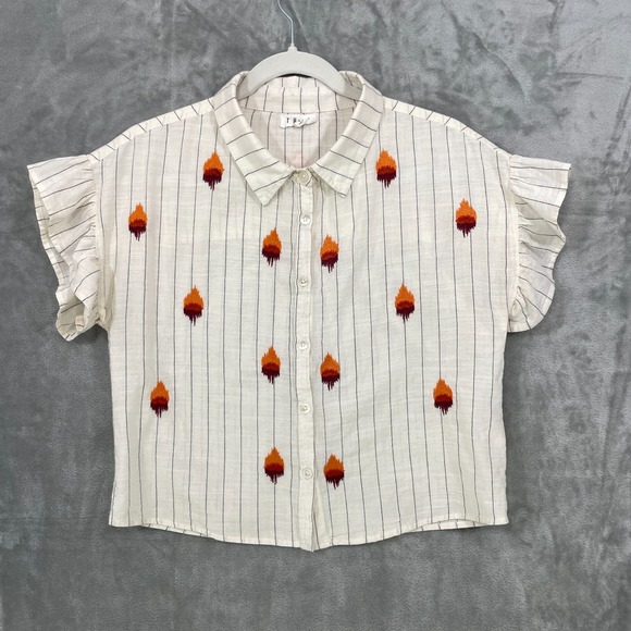 THML Tops - THML Striped Cotton Shirt Size S Flame Embroidered Boxy Flutter Sleeve Boho
